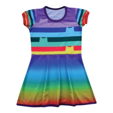 Vestido Infantil Colorido Arco-Íris e Gatinhos – Fantasia Temática para Meninas