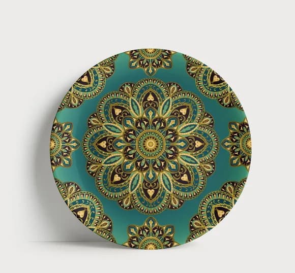 Prato Decorativo Mandala Turquesa e Dourado - Porcelana 21cm