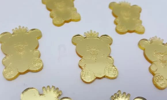 Apliques Ursinho Acrílico Espelhado Dourado -3,6cm - C/7 uni