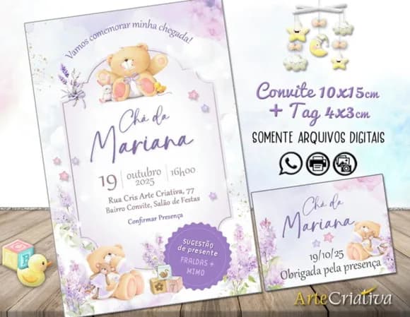 Convite Digital C/tag Chá de Bebê Menina Ursinho Lavanda