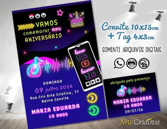 Convite Digital C/tag Tik Tok Neon