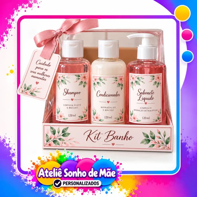 Kit Banho Floral Personalizado com Shampoo, Condicionador e Sabonete Líquido 120ml
