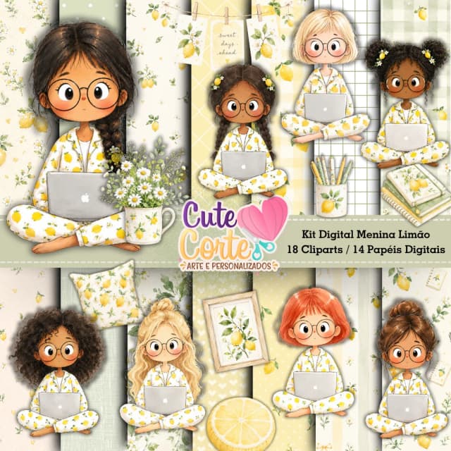 Kit Digital - Meninas Limão (14 Papéis Digitais + 18 Cliparts)