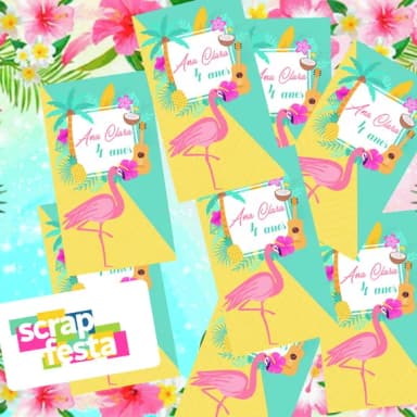 Adesivo Personalizado Retangular 4x7 Festa Tropical Flamingo