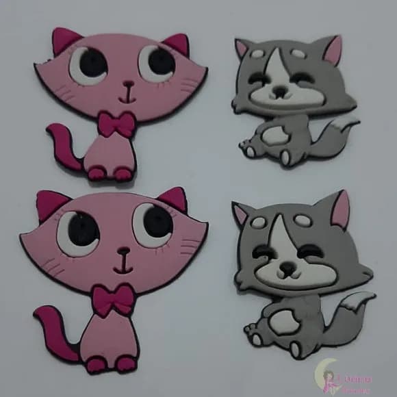 Apliques Gatinhas Rosa e Cinza de Borracha - Pct C/6 Unid