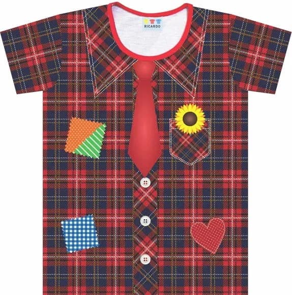 Camiseta infantil Caipira Vermelha Xadrez com Remendos – Festa Junina Menino