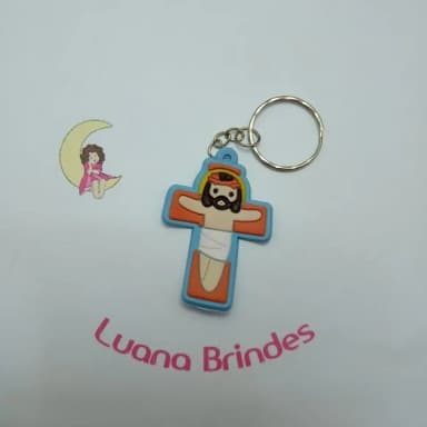 Chaveiro Crucifixo Azul de Borracha 5cm Pct 3 Unidades