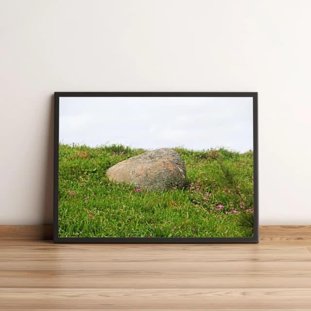 Quadro com Pedra em Campo Verde com Flores Rosadas 2035