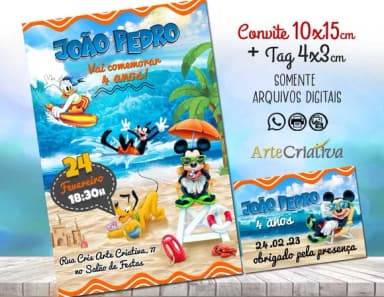 Convite Digital C/tag Mickey Mouse Praia 3