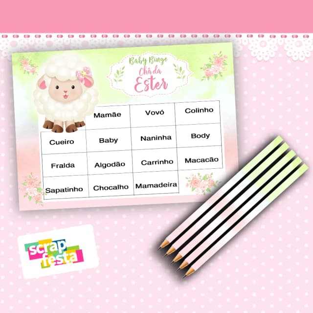 Kit Bingo + Lápis Festa Chá de Bebê Menina Ovelhinha