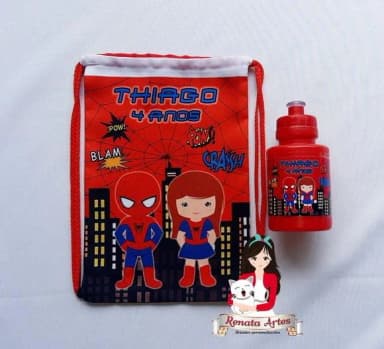 Mochila com Squeeze Homem Aranha + Mulher Aranha