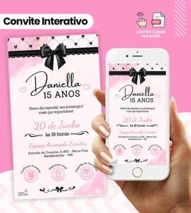 Convite Digital Interativo 15 Anos Rosa e Preto
