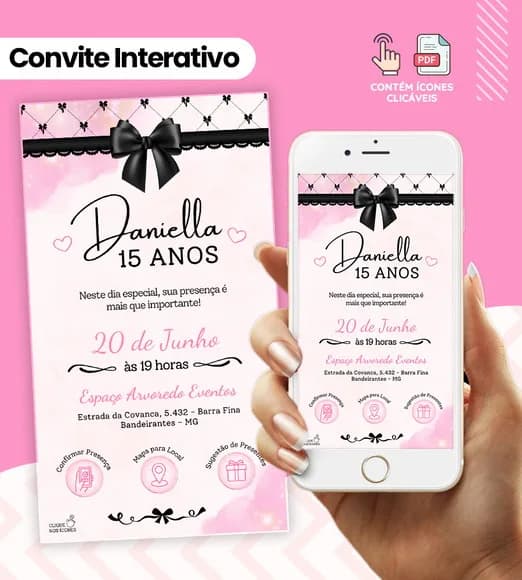 Convite Digital Interativo 15 Anos Rosa e Preto