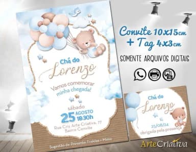 Convite Digital C/tag Chá de Bebê Menino Ursinho Bexiga