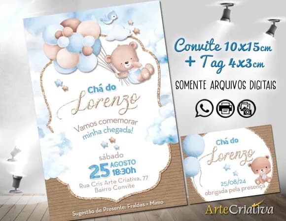 Convite Digital C/tag Chá de Bebê Menino Ursinho Bexiga