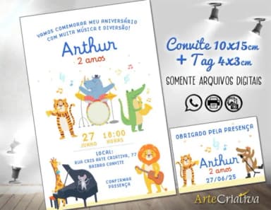 Convite Digital C/tag Aniversário Animais Música 8