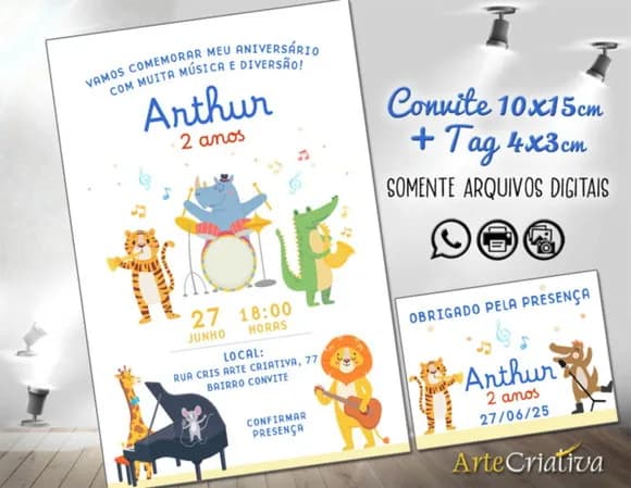 Convite Digital C/tag Aniversário Animais Música 8