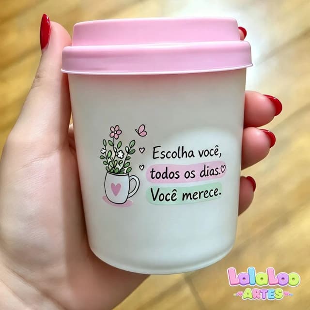 Mini Copo Frases Motivacionais Eco Madeira 200ml com Tampa Bucks