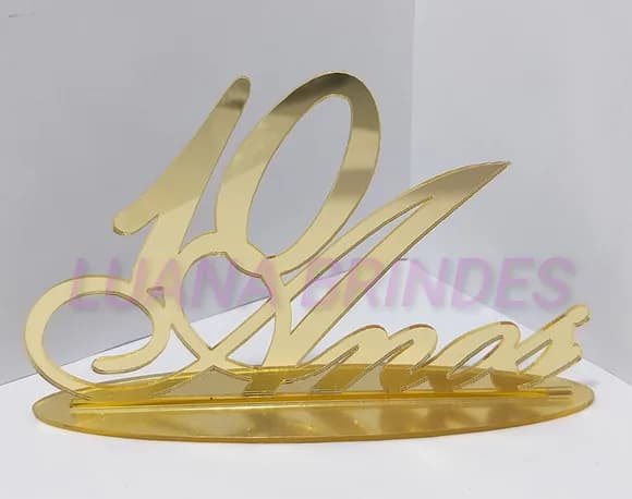 Topo de Bolo/mesa de 10 Anos em Acrílico Espelhado Dourado