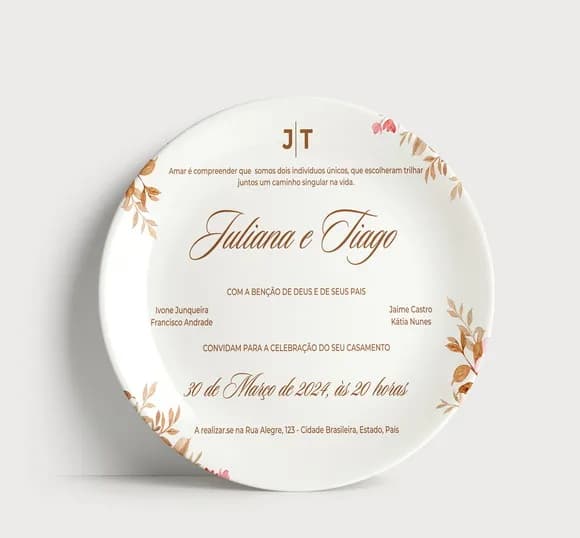 Convite Casamento Prato Porcelana Floral Romântico