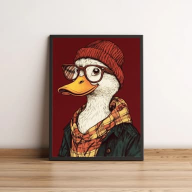 Quadro Pato Estiloso com Óculos e Gorro Vermelho 2633
