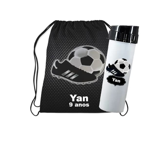 kit mochilinha e Garrafinha tema futebol
