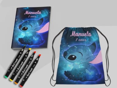 Kit Mochila e Revista de colorir com Canetinhas do Stitch