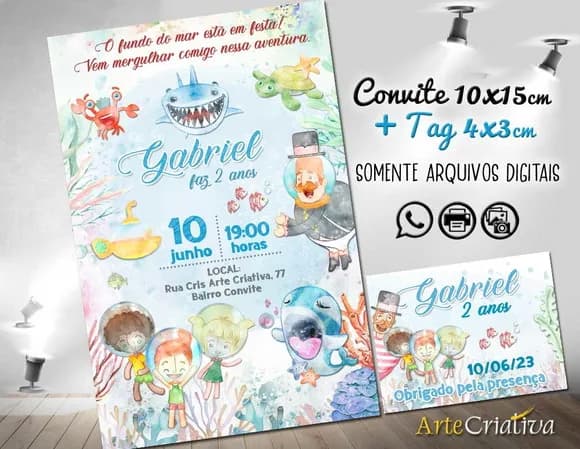 Convite Digital C/tag Bita Fundo do Mar Aquarela