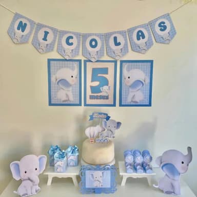 Kit Mesversário Elefante Azul Personalizados - Só Um Bolinho