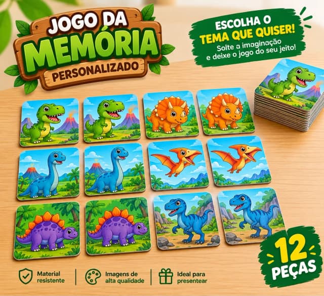 JOGO DA MEMÓRIA PERSONALIZADO - 12 PEÇAS - ESCOLHA O TEMA QUE QUISER