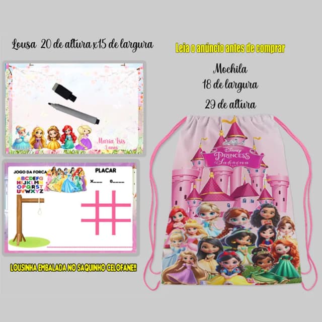 Kit Mochilinha e Lousa Magica personalizada para lembrancinhas das Princesas
