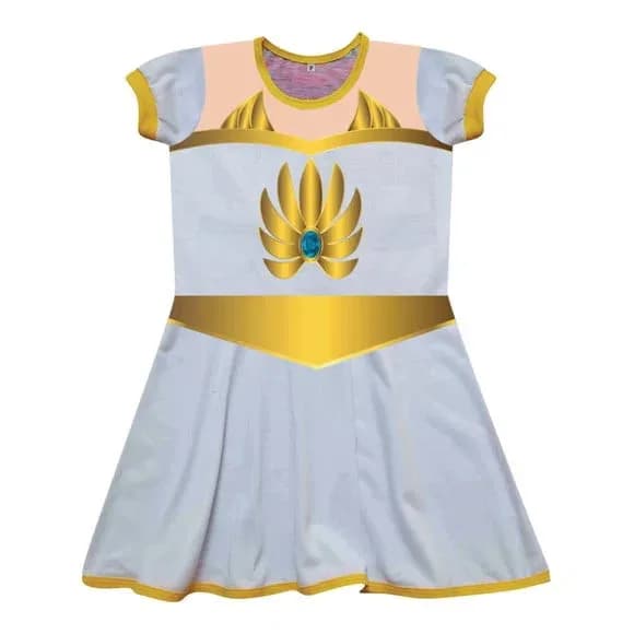 Vestido Infantil Fantasia Princesa Guerreira Branca e Dourada com Emblema Real