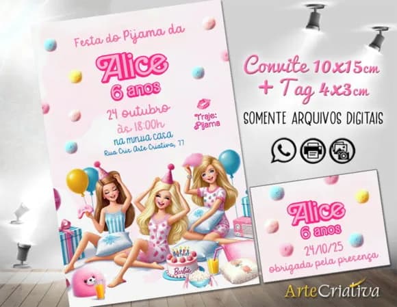 Convite Digital C/tag Boneca Barbie Festa do Pijama 3