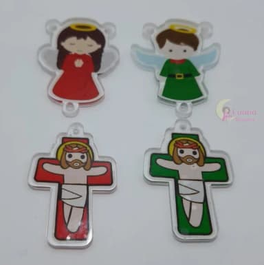 Kit Terço Anjinhos e Crucifixo de acrílico - pct c/2 kits