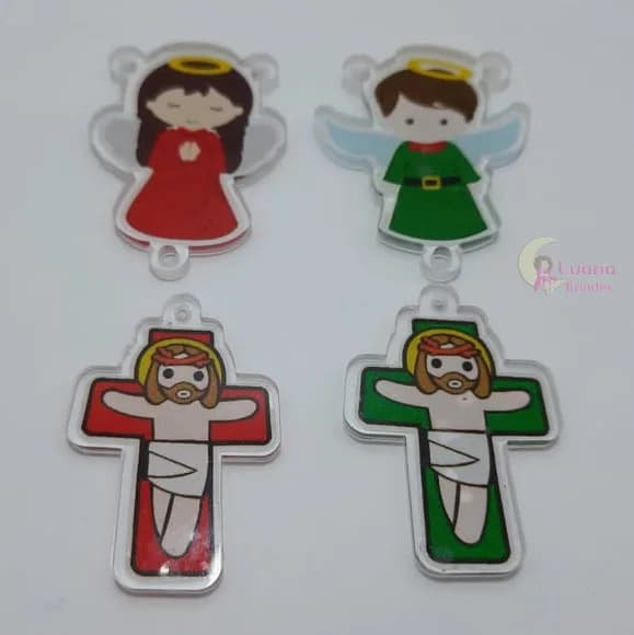 Kit Terço Anjinhos e Crucifixo de acrílico - pct c/2 kits