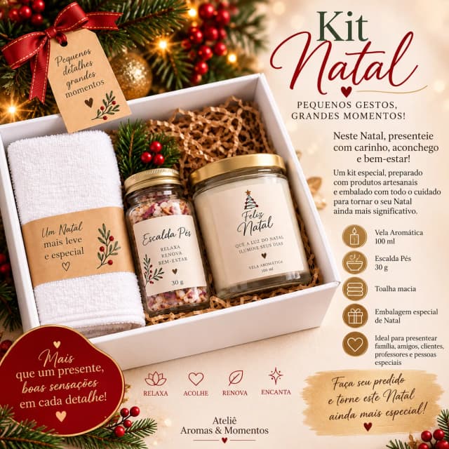 Kit Presente de Natal com Vela Aromática, Escalda-Pés e Toalha