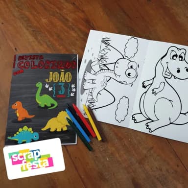 Revista Colorir + Giz de Cera Dinossauro Chalkboard