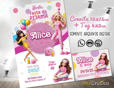 Convite Digital C/tag Boneca Barbie Festa do Pijama 1