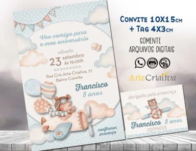 Convite Digital C/tag Ursinho Aviador