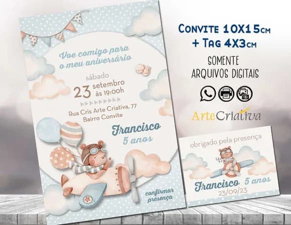 Convite Digital C/tag Ursinho Aviador