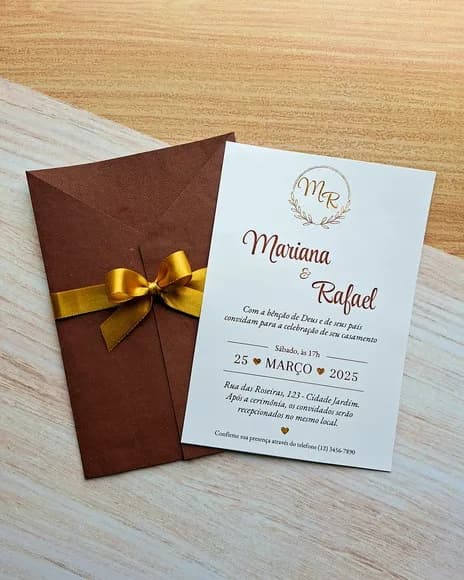 Convite de Casamento Marrom e Dourado