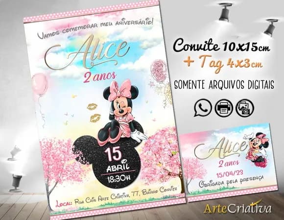 Convite Digital C/tag Minnie Mouse Rosa 4