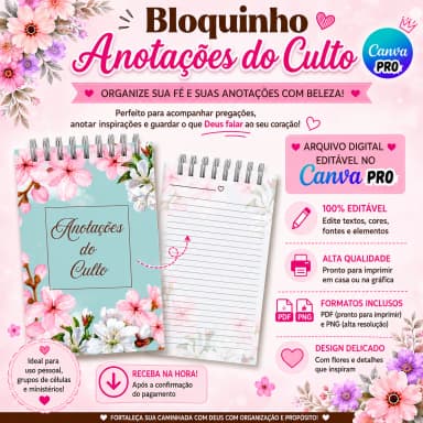 Arquivo Editável no Canva Pro - Bloquinho de Anotações de Culto