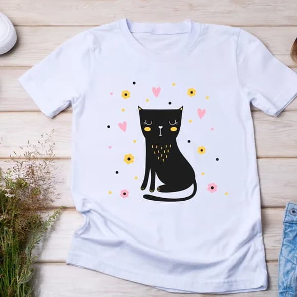 Camiseta Gato Preto - Estampa Fofa e Floral