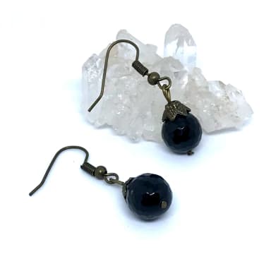 Brinco Ouro Velho Pedra Natural Ágata Negra Facetada