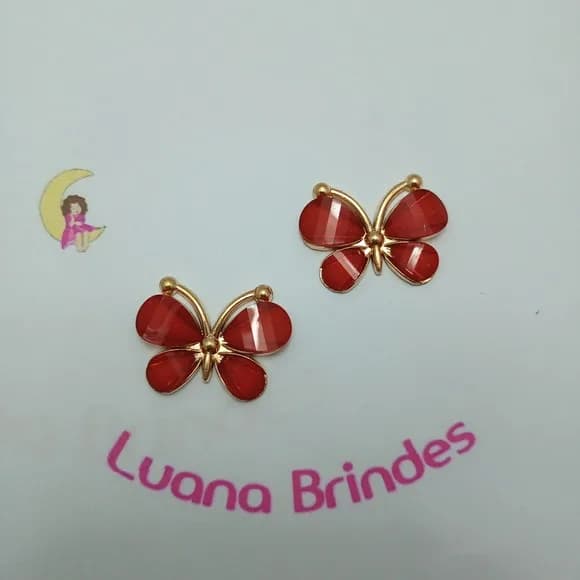 Borboleta Aplique Vermelha Metal Dourado 2,5cm Pct 2 unidade