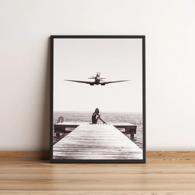Quadro avião sobrevoando mulher em píer 122