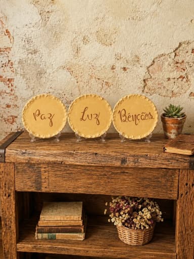 Trio Placas Decorativas Mesa MDF Paz Luz Bençãos Textura Kit 3 Peças 15cm