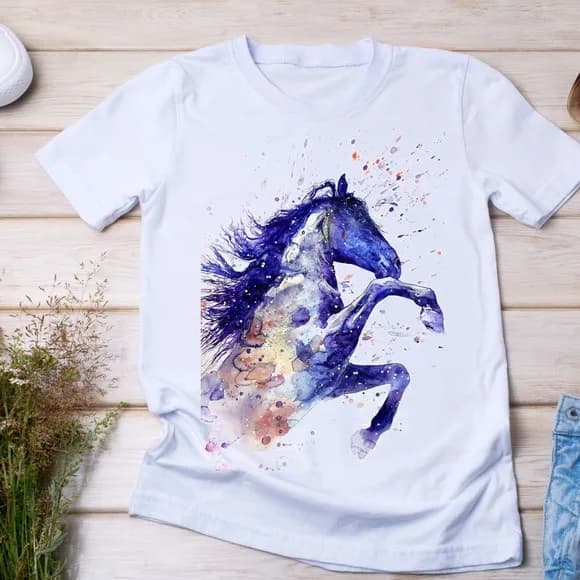 Camiseta Cavalo em Aquarela - Estampa Artística e Vibrante
