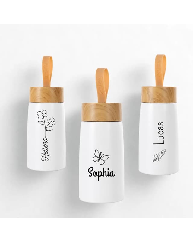 Garrafa Térmica 280ml Com Tampa de Bambu Personalizada Branca